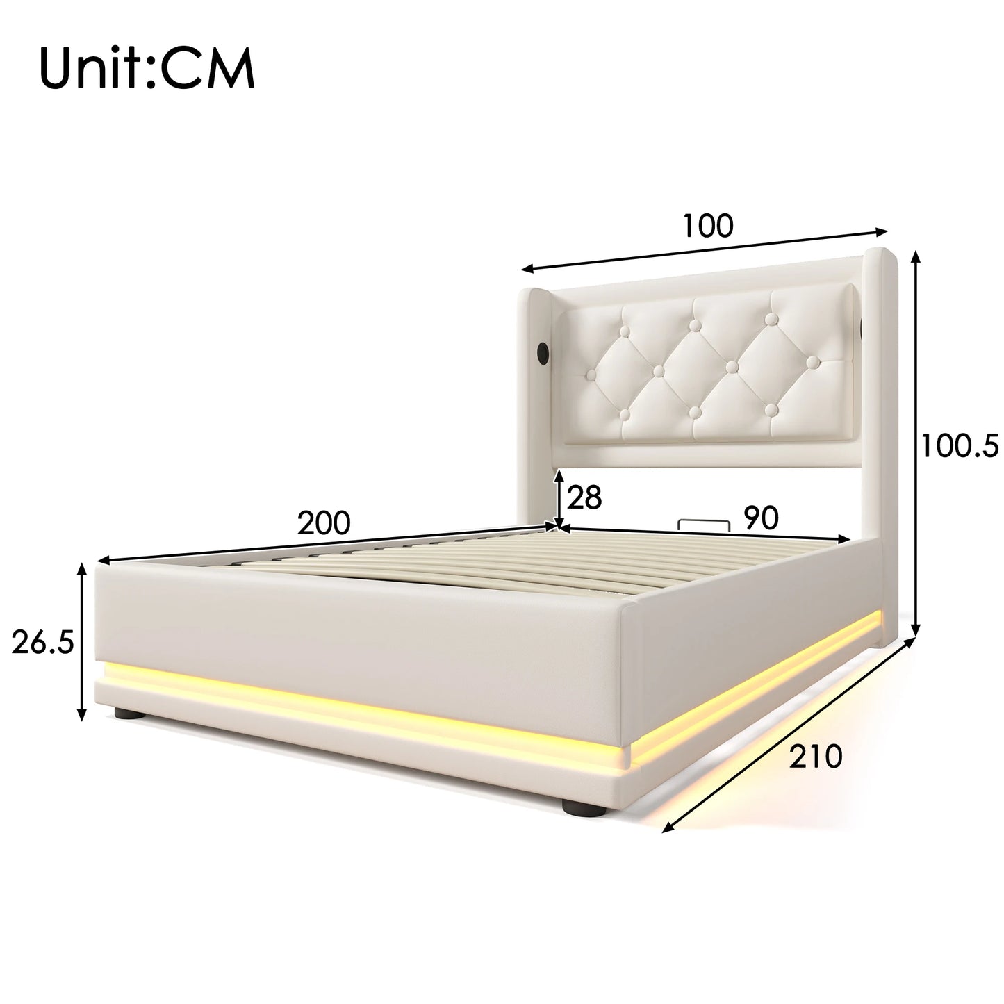 KOMHTOM PU-Material Hydraulisches Stauraumbett, mit USB Typ-C Ladefunktion, 3-seitige LED-Funktion, ohne Matratze