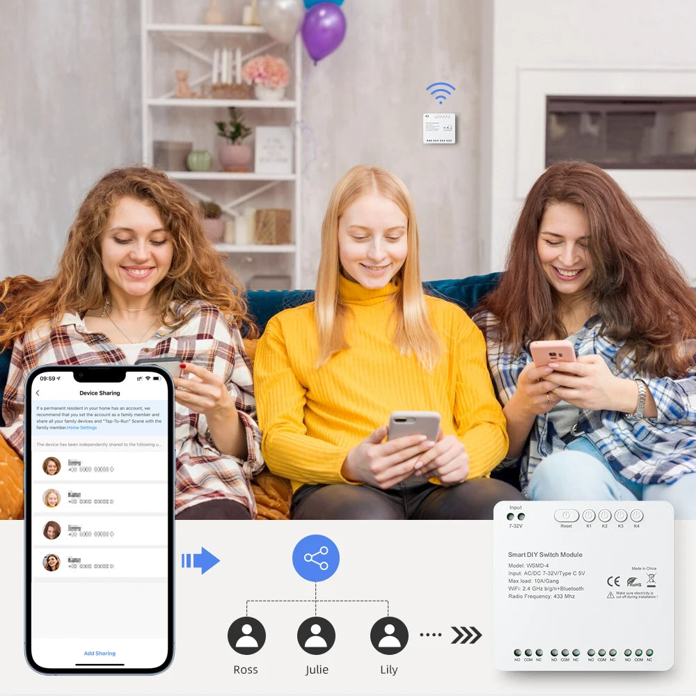 AVATTO Tuya WiFi 4-Kanal-Schaltmodul, 7–32 V/85–250 V RF433 Fernbedienungsrelais-DIY-Modul, funktioniert mit Alexa, Google Home, Alice.
