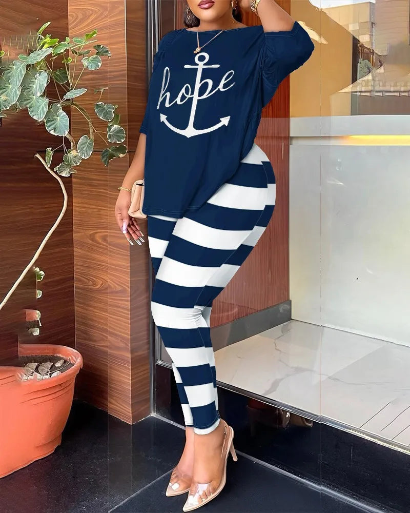 Autumn Women's Clothing New Fashion Print Sexy Backless Round Neck Five Quarter Sleeve Pants Two-piece Casual Comfortable Set.