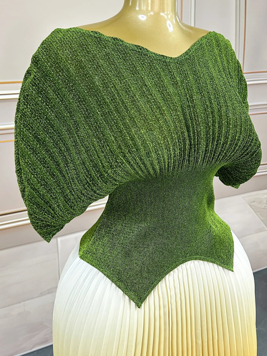 Women Plus Size Gradient Color Long Skirts And Tops Pleated 2 Piece Outfit Luxury Dubai Prom 2025 Casual For Female Fashion Sets.