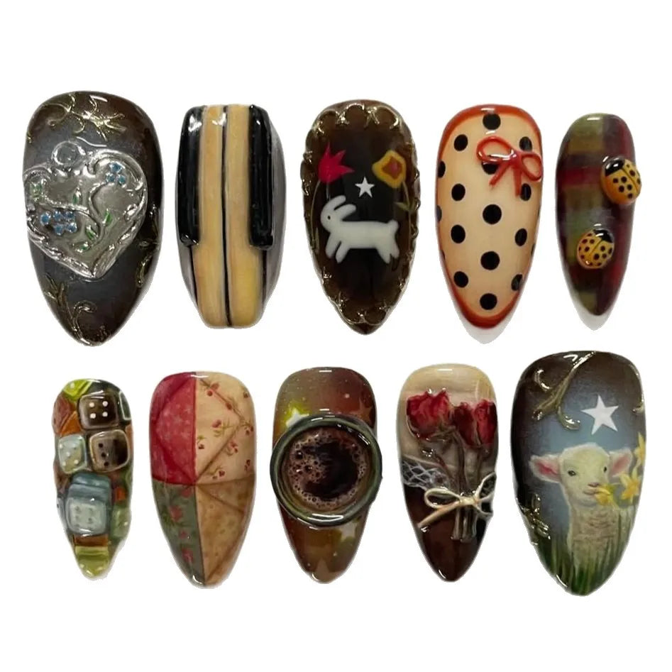 24pcs Vintage Country Style False Nails Cute Cartoon Little Lamb Rabbit Rose Printed Press On Nails Wave Point Bows Fake Nail.