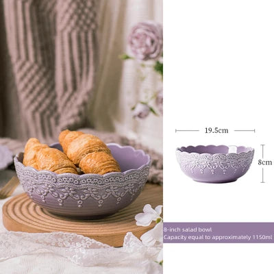 Solid Color Ceramic Tableware Lace Embossed Ceramic Tableware Bowl Plate Cup Rustic Irregular Dinner Plate  Dinner Plates.