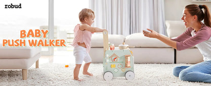 ROBUD Wooden Baby Push Walker Learning Walking Toys Adjustable Height Walker with Decelerator Montessori Toys for Baby age 1+.