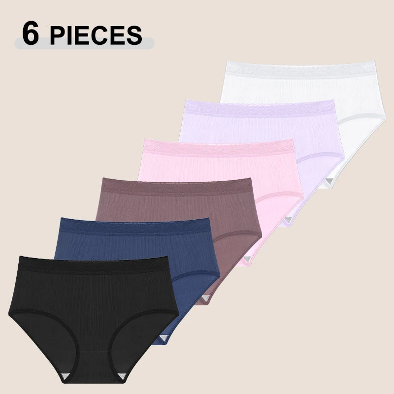 6PCS Women's Plus Size Lace Panties Seamless Solid Color Sport Cozy Physiological Underwear Female Breathable Elastic Lingerie