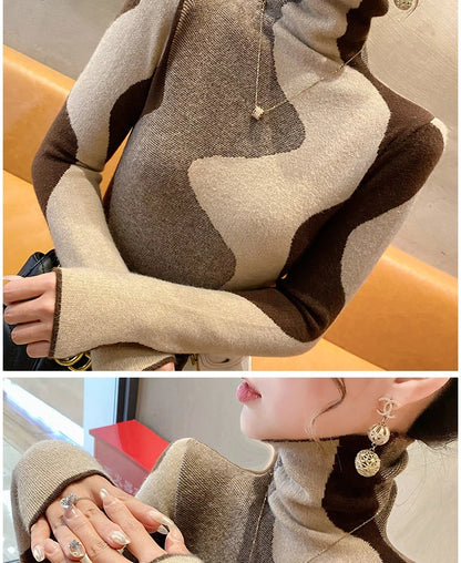 Women Clothing Vintage Fashion Slim Turtleneck Sweaters Autumn Winter Elegant Chic Patchwork Knit Pullovers Office Lady Tops.