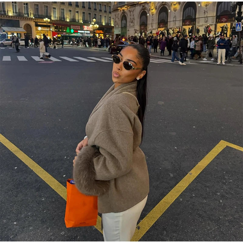 Frauen Mäntel Elegante Revers Plüsch Mit Gürtel Faux Pelz Hülse Tweed Offenen Mantel Weibliche 2025, Herbst Winter Mode Dame streetwear.