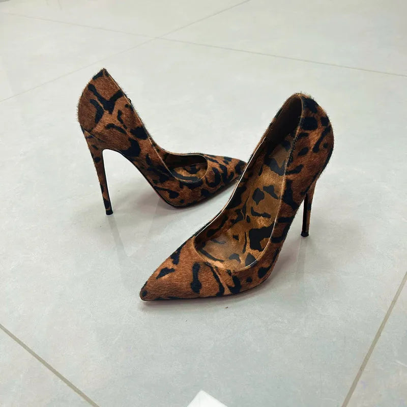 Tikicup Sexy 12cm 10cm Leopard Hairy Grafitti Women Pointy Toe High Heels Design Slip On Stiletto Pumps Party Shoes Plus Size.