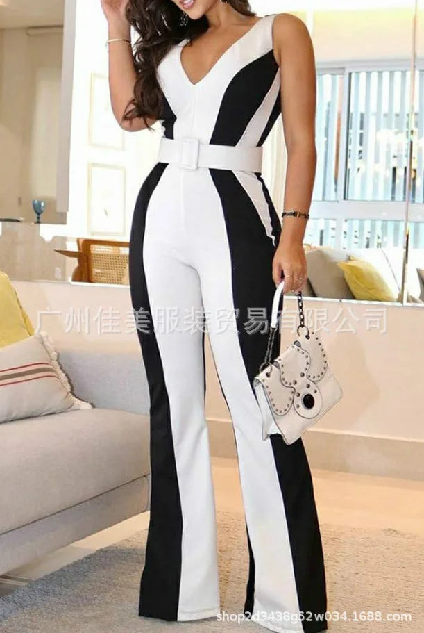 Black And White Contrasting Color Slim Jumpsuit Women Without Belt 2025 Spring Summer New Product Fashion Women's Sleeveless.