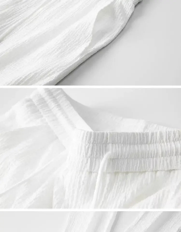 Summer Lightweight Pleated Cotton Casual Sports Set Men's Thin Comfortable Breathable Fashionable Collar Short Sleeve Two-Piece