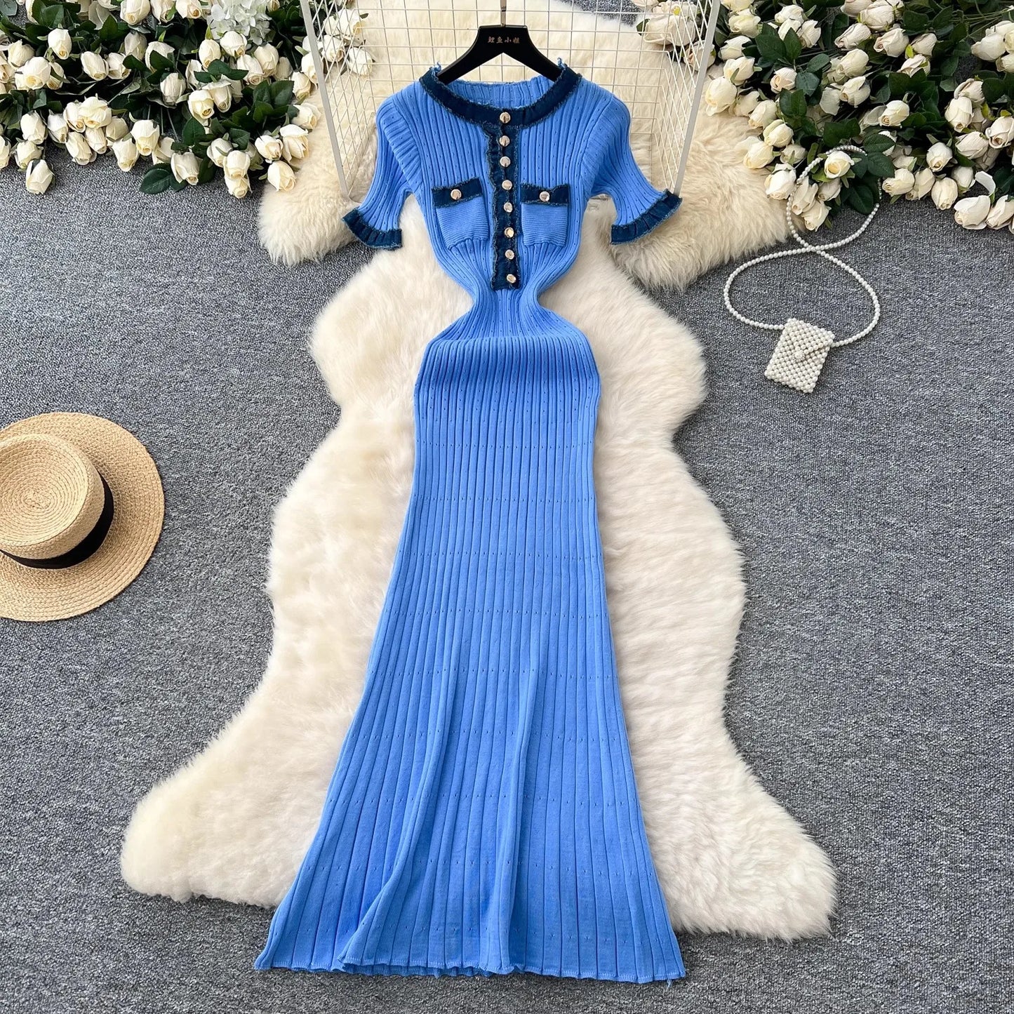 YuooMuoo Chic Mode Sexy Pakete Gestrickte Maxi Kleid Frühling Sommer Vintage Denim Patchwork Lange Pullover Kleid Dame Vestidos