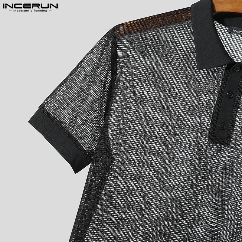 Men Short Sets Fashion Hollow Out INCERUN Two-piece Suits  Men's Sets Streetwear Short Sleeve Tops Shorts Men's Clothing Summer.