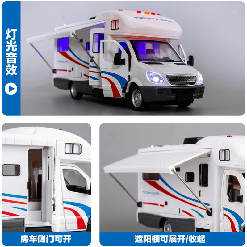 1:28 Diecast Luxury RV Recreational Vehicle Car Model Metal Camper Van Motorhome Touring Car Model Sound and Light Kids Toy Gift.