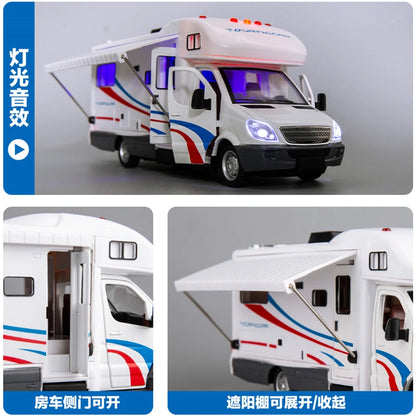 1:28 Diecast Luxury RV Recreational Vehicle Car Model Metal Camper Van Motorhome Touring Car Model Sound and Light Kids Toy Gift.