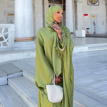 2025 New Abaya Set Shinny Dubai Abaya Cardigan Inner Dress Hijab 3pcs Set Islamic Clothing Women Abaya Muslim Dress.