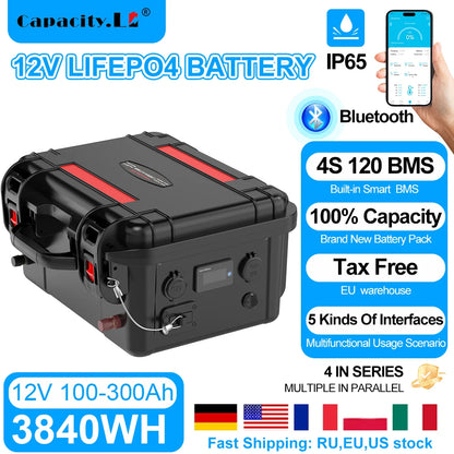 New12V100Ah LiFePo4 Battery 120AH 150AH200AH 12v Rechargeable Lithium Battery Pack300A With Bluetooth BMS for Comping Solar Boat.