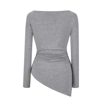 Sexy Long Sleeve T-Shirt Shoulder Bared Waist Cinched Slim Fit Knitted Cotton Solid Color Casual Urban Style for Early Autumn.