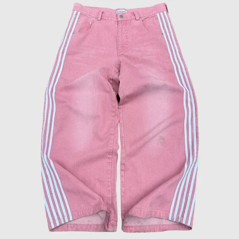 Y2K Baggy Jeans high quality Embroidered Striped Harajuku Sweatpants men women Hip Hop streetwear Casual wide leg Denim Pants.