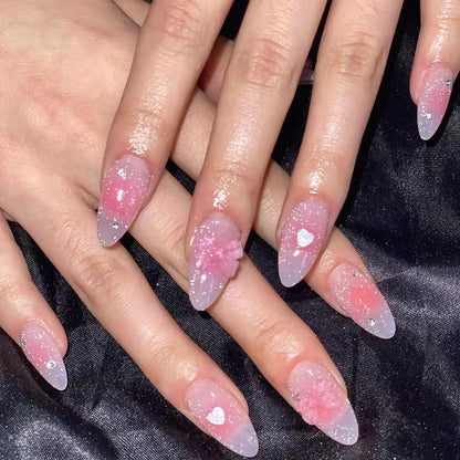 24Pcs Pink Cloud Sweet Star Moon Acrylic Nails Press on Almond Wearable Full Cover False Nails Art Tips Fingernail Beauty.