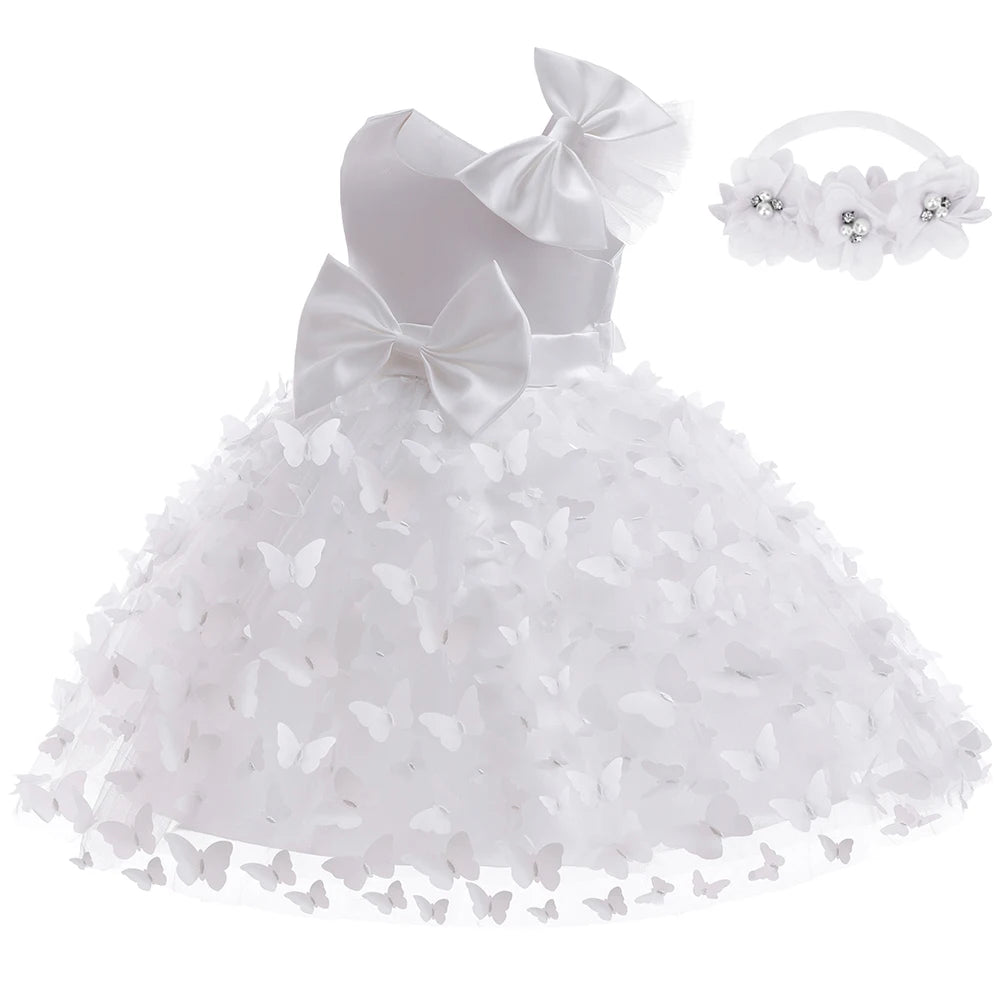 Weiße Blumenmädchenkleider für die Hochzeit, elegantes Kinder-Taufkleid und Kopfbedeckung, kurzärmelig, für Kinder, Kommunion, Geburtstagsfeier.