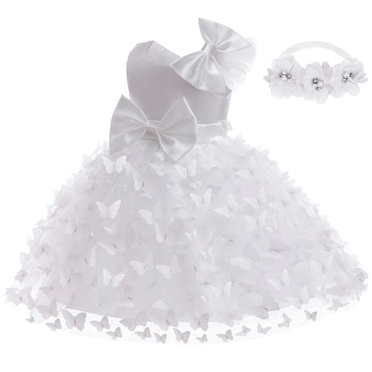 Weiße Blumenmädchenkleider für die Hochzeit, elegantes Kinder-Taufkleid und Kopfbedeckung, kurzärmelig, für Kinder, Kommunion, Geburtstagsfeier.