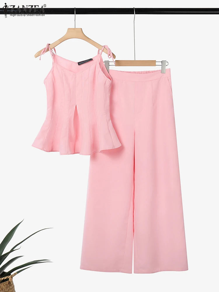 ZANZEA Women Stylish 2 Pieces Pant Sets Spaghetti Straps V-Neck Ruffled Camisole Tops & Wide Leg Pants 2pcs Suits Woman Outfits