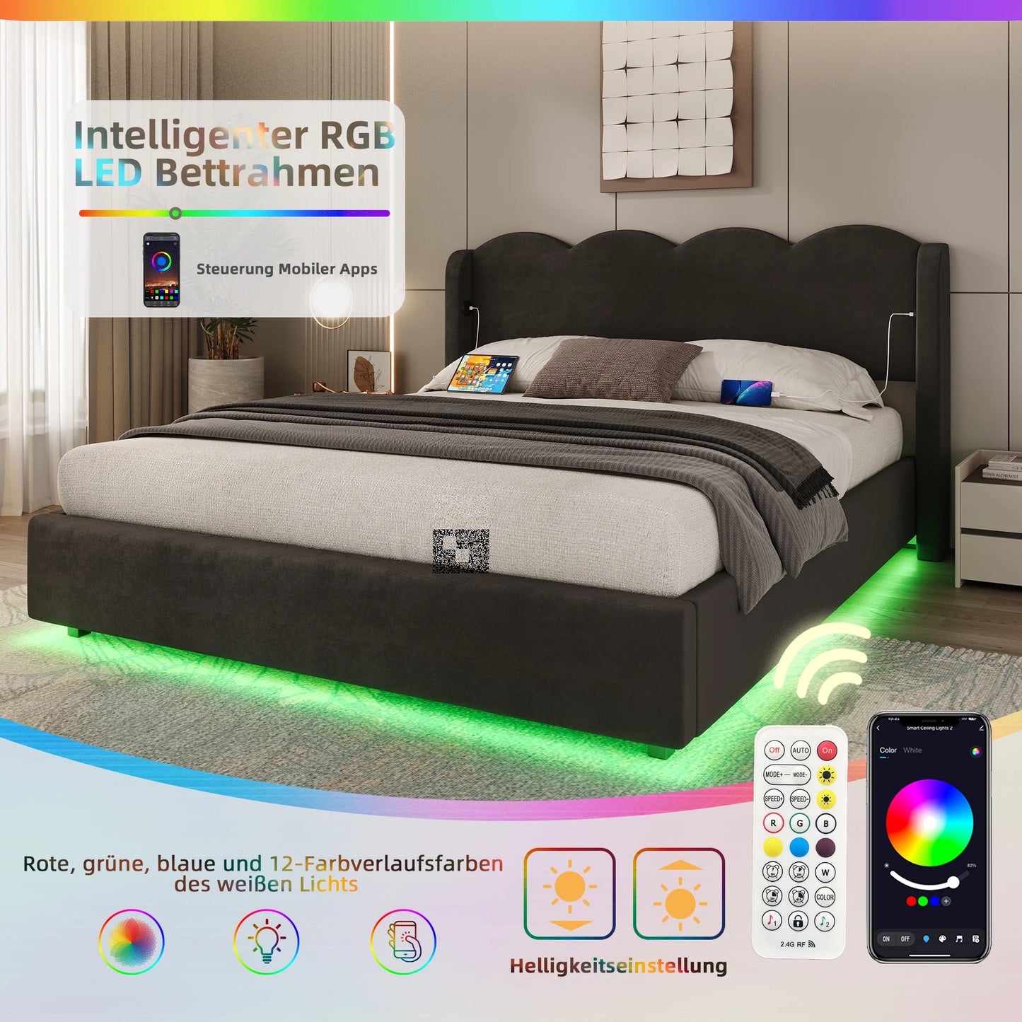 Gepolstertes Doppelbettrahmenpaneel, flache Nudelrahmenhalterung aus Wellpappe, mit LED-Licht, USB+C-Schnittstellenaufladung, 160 cm × 200 cm