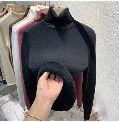 2025 neue Verdicken Hohe Kragen Pullover frauen Pullover Top Winter Warme und Weiche Einfarbig Inneren Tragen Bodenbildung Shirt