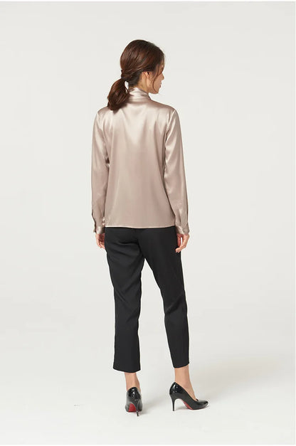 Heavyweight Mulberry Silk Shirt Women's 2025 Spring And Autumn New Long Sleeve Satin Silk Blouse V-neck Bow Ribbon Shirt