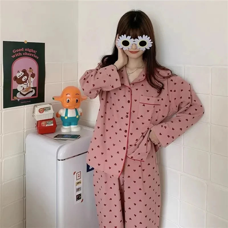 M-XXL Large Size Nightwear Women Sleepwear Autumn and Winter Cardigan Home Wear Peach Heart Long Sleeves School Silk Pajamas