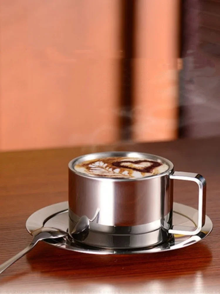 1Set Stainless Steel Coffee Cup Set Double Walled Heat Resistant Mug with Saucer Spoon Drink Tableware Kitchen Cafe Accessories.
