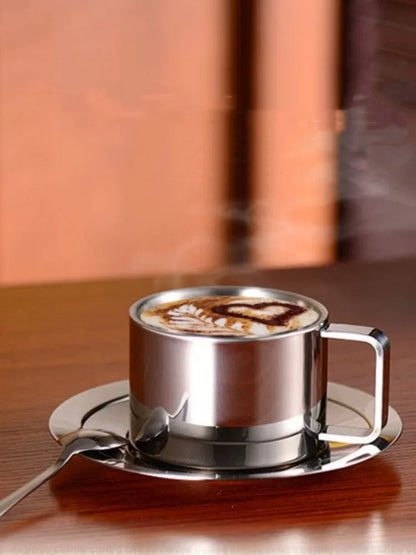 1Set Stainless Steel Coffee Cup Set Double Walled Heat Resistant Mug with Saucer Spoon Drink Tableware Kitchen Cafe Accessories.