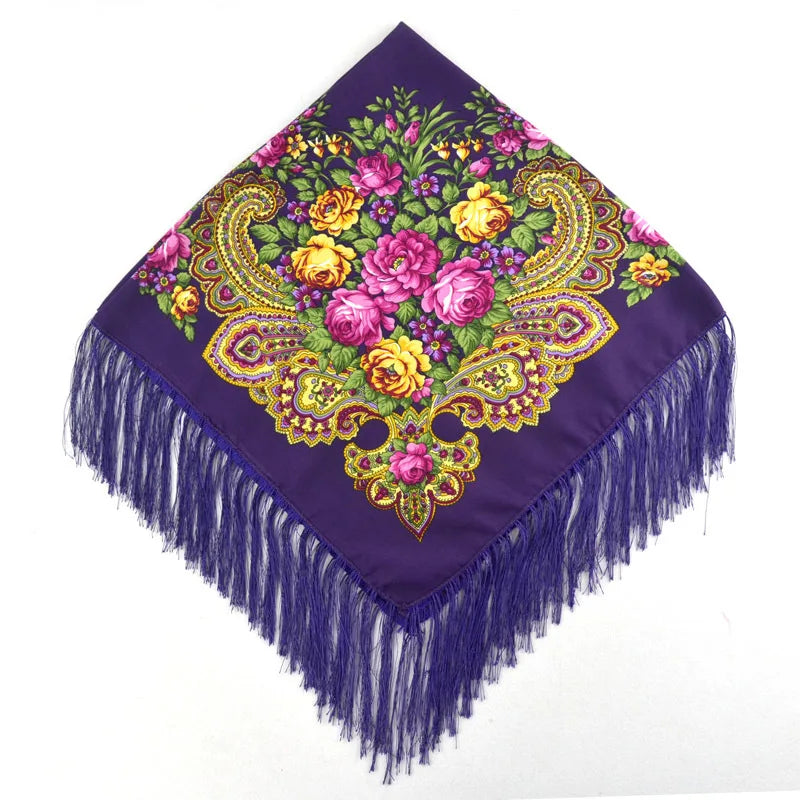 Women Luxury Floral Printed Russian Scarf Ukrainian Fringed Square Scarves Babushka Handkerchief Head Wraps Travel Shawl.