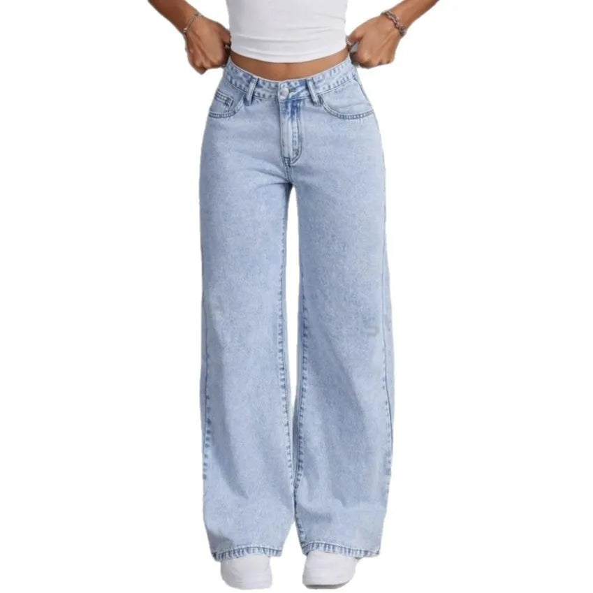 Jean Straight Pants Women Denim Washed Jeans Full Length Mom Embroidery Pockets Loose High Waist Vintage Zipper Fly Spliced.