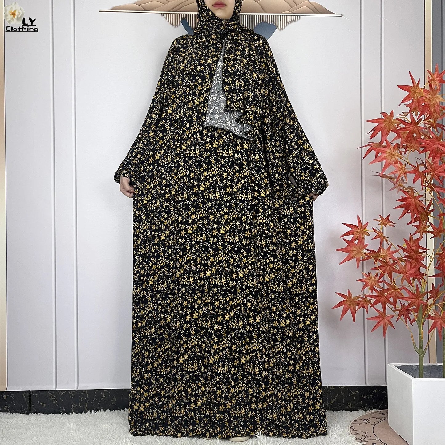 New Muslim Long Sleeved Cotton For Women Ramadan Prayer Turkey Middle East Femme Robe Floral Loose African Abaya Dress Scarfs