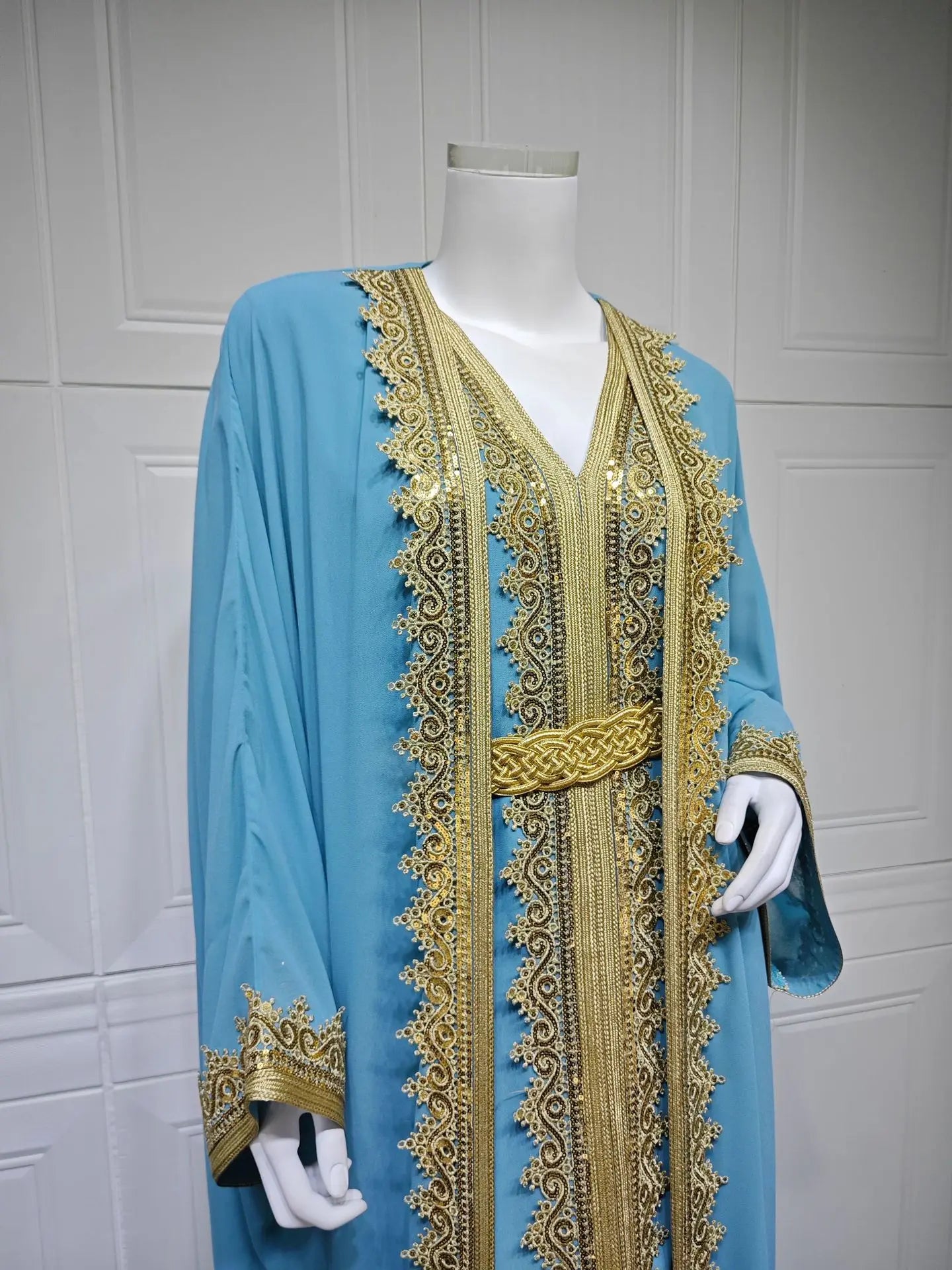 Eid Frauen Abaya Kleid Muslim 2-teiliges Set Strickjacke mit Innenkleid Schnürmantel Kaftan Robe Jalabiya Ramadan Marokko Kaftan 2025