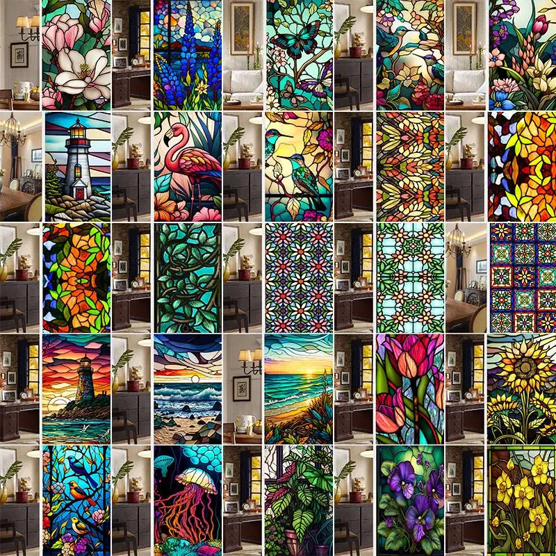 Colorful Retro Flower Bird Window Film PVC Electrostatic Glass Stickers Stained Window Films Static Cling Frosted Glass Film.