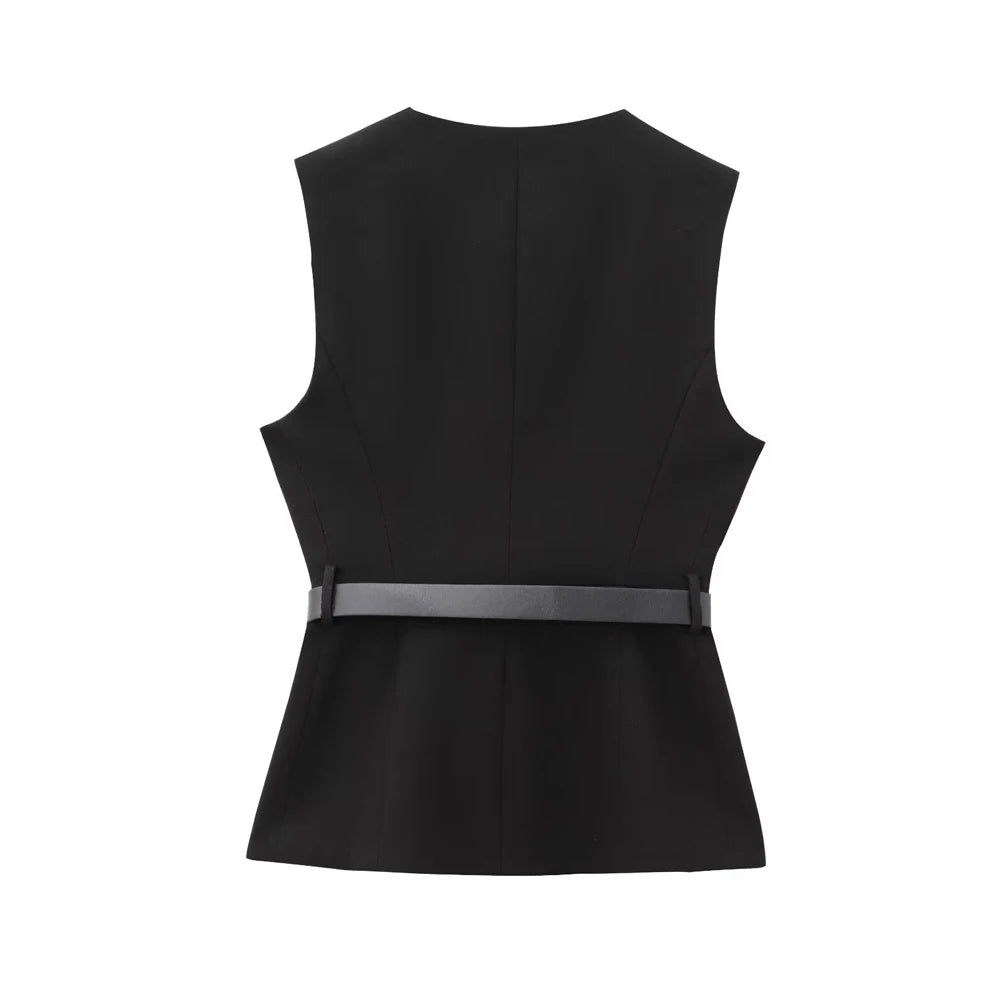 TRZA-Lange Damenweste mit Gürtel, Goldknopf vorne, O-Ausschnitt, ärmellose Weste, weibliche Oberbekleidung, schicke Oberteile, Mode.