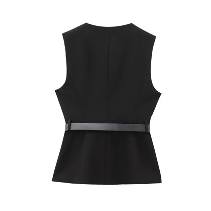 TRZA-Lange Damenweste mit Gürtel, Goldknopf vorne, O-Ausschnitt, ärmellose Weste, weibliche Oberbekleidung, schicke Oberteile, Mode.