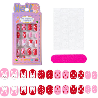 24Pcs/box Kids nails for Girl Cartoon Pattern False Nail Cute Child Fake Nails Tips Kawaii Acrylic Artificial Press on Nail+Tool