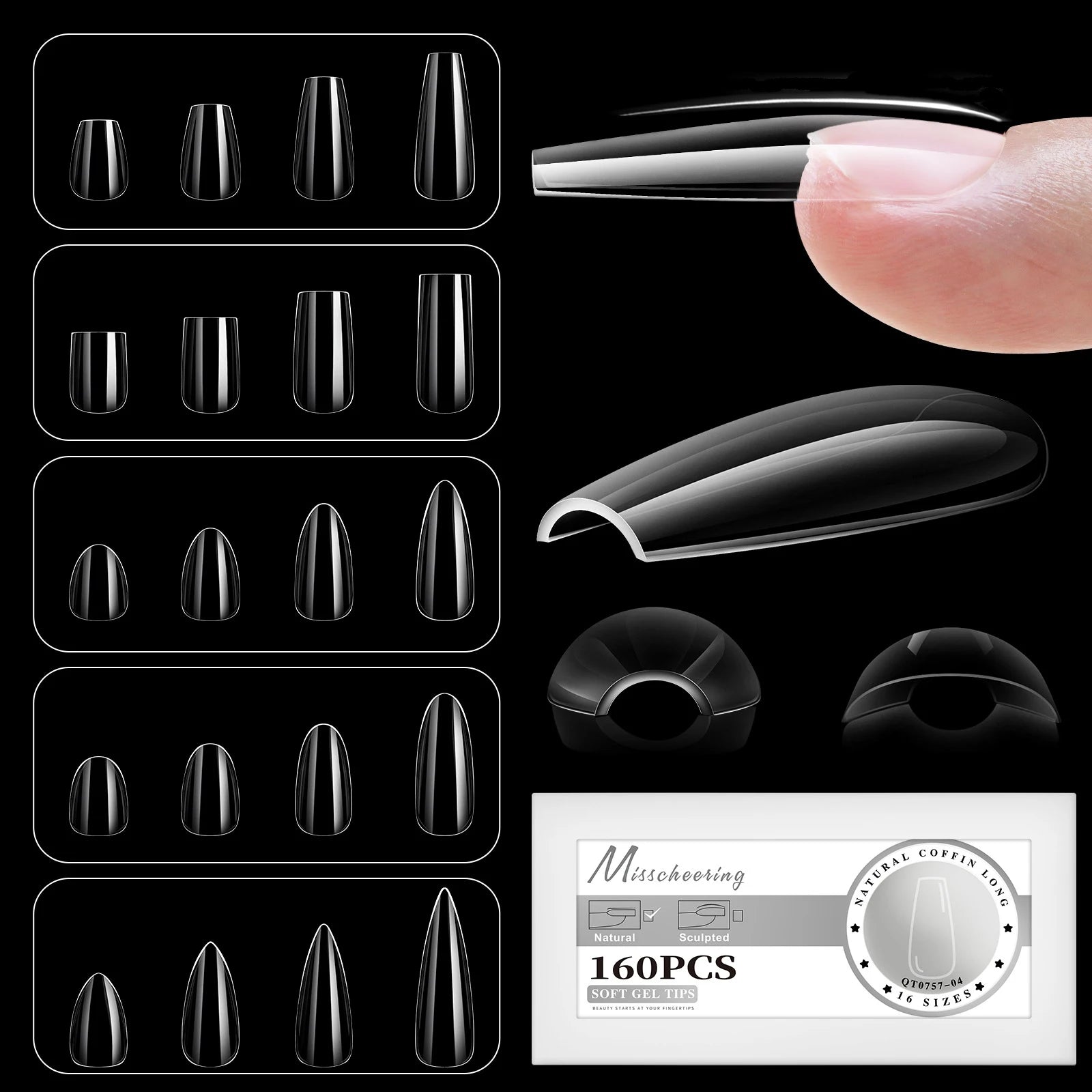 16 Sizes Curved Arch Full Cover False Nail Tips Soft Gel Press on French Almond Capsules Coffin Artificial Fake Nails Extension.