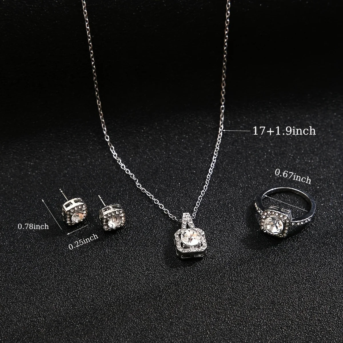 3Pcs/set Fashion Square Zircon Necklace Earrings Ring For Women Luxury Wedding Engagement Jewelry Shining Party Jewelry Gifts.