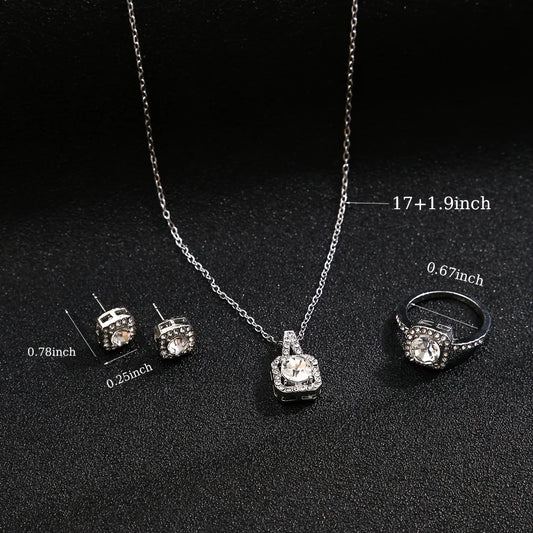3Pcs/set Fashion Square Zircon Necklace Earrings Ring For Women Luxury Wedding Engagement Jewelry Shining Party Jewelry Gifts.
