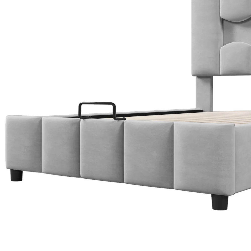 Modernes Polsterbett, 90 x 200 cm, ohne Matratze, LED-Beleuchtung, mit hydraulischem Gerät, verstellbarer Kopfteil, Samt, Grau