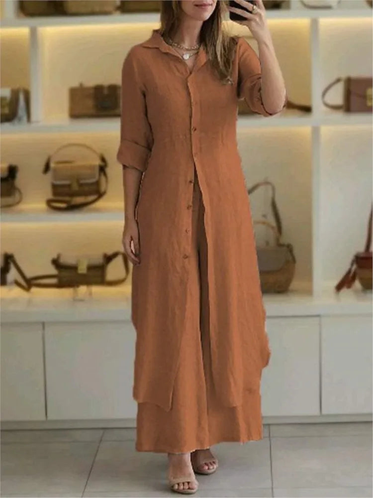 Spring Autumn Cotton Linen Loose 2 Piece Sets Casual Button Long Sleeved Women Outfit Elegant High Waist Wide Leg Pants Set Suit.