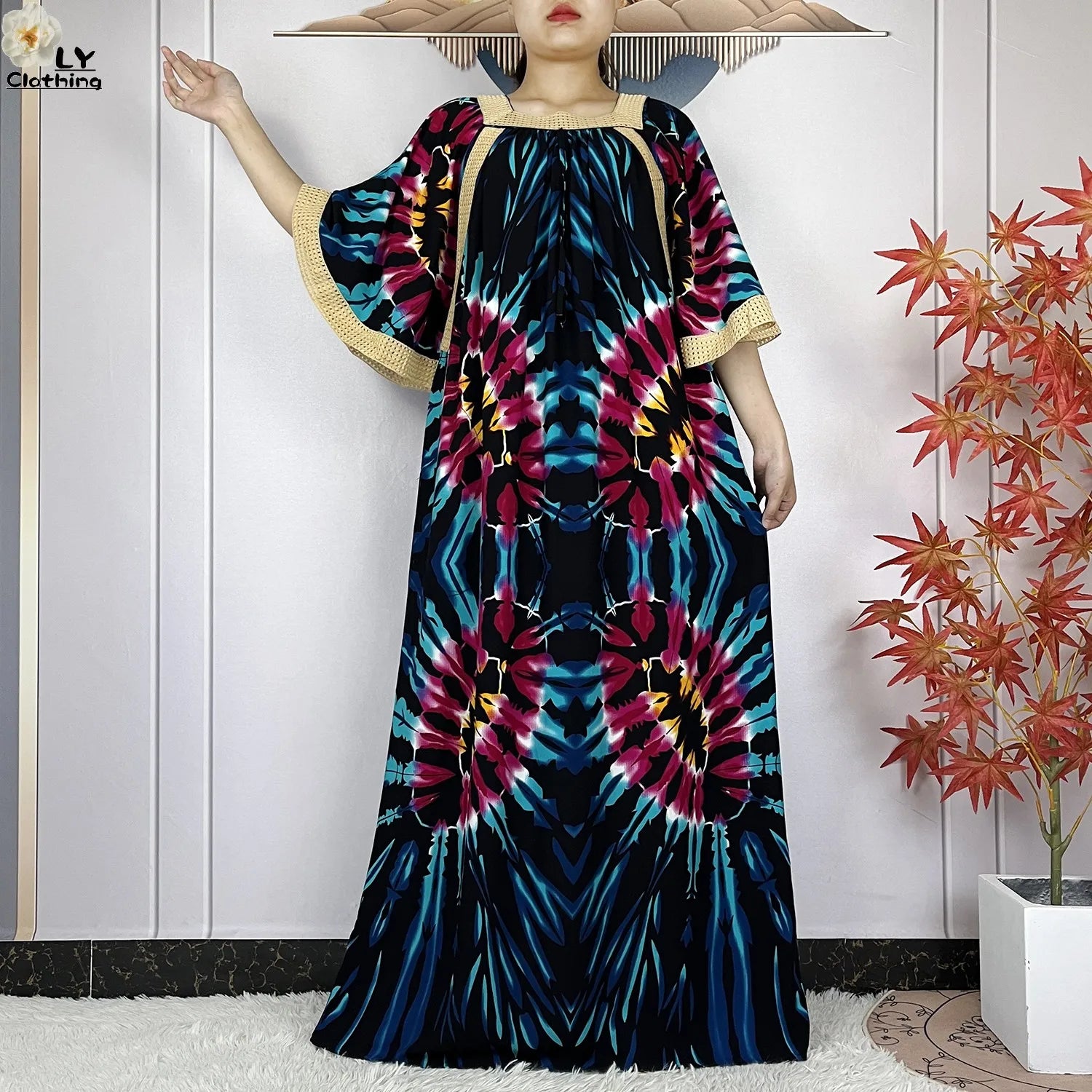 New Muslim Dress Woman Short Sleeve Dashiki African Abaya Tie-dyed Printing Cotton Loose Femme Robe Islamic Dresses With Scarf.