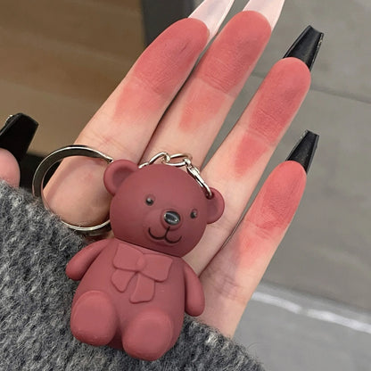 Cute Bear Keychain Matte Velvet Lip Gloss Mirror Brown Lipstick Waterproof Long Lasting Non-Stick Cup Lip Mud Korean Cosmetic.