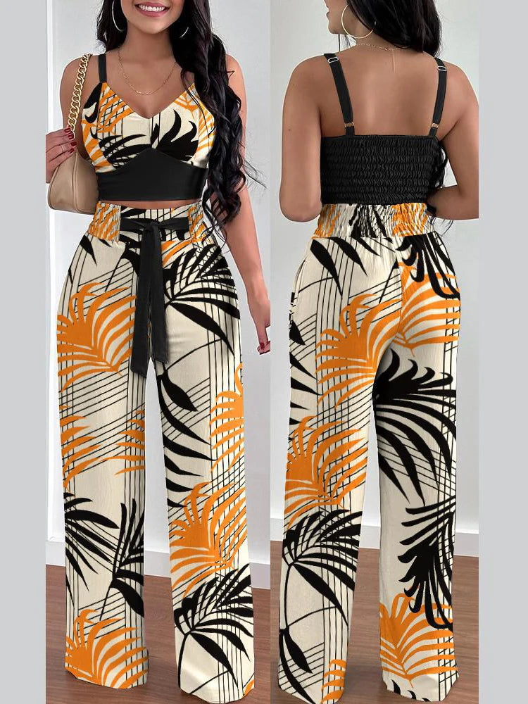 Women Fashion Print Halter V-Neck Short Tank Suit Tops Long Pants Matching Set Summer Casual Female Slim Pants Two Piece Sets.