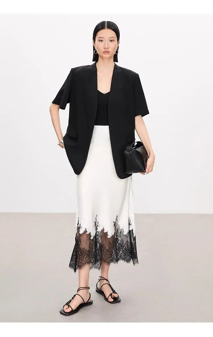 Mia Girl Elegant Satin Long Skirts for Women Oversize Lace Patchwork High Waist A-line Skirt French Style Summer Chic Lady Skirt.