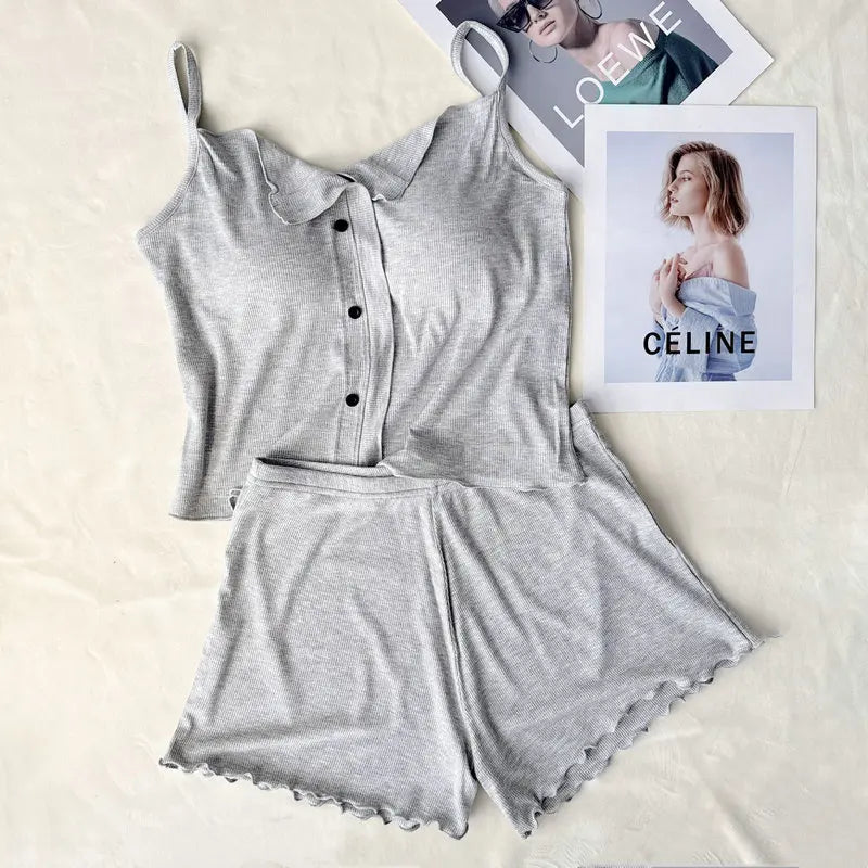 Conjuntos De Pijama Neue Sexy Baumwolle Sling Top Shorts Set Bh Pad Sommer Nachtwäsche Pyjamas Für Frauen Hause Tragen Nachtwäsche Anzug.