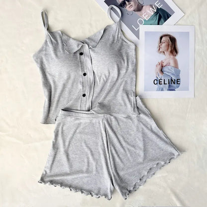 Conjuntos De Pijama Neue Sexy Baumwolle Sling Top Shorts Set Bh Pad Sommer Nachtwäsche Pyjamas Für Frauen Hause Tragen Nachtwäsche Anzug.